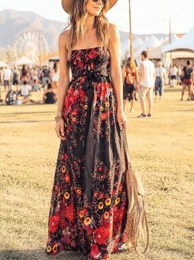 Dark Floral Smocked Strapless Maxi Dress Skirt Boho Resort Festival Cottagecore
